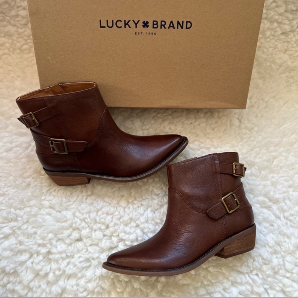 New! LUCKY BRAND Caelyn Western Moto Leather Ankle Booties in Cognac Brown - Picture 2 of 14